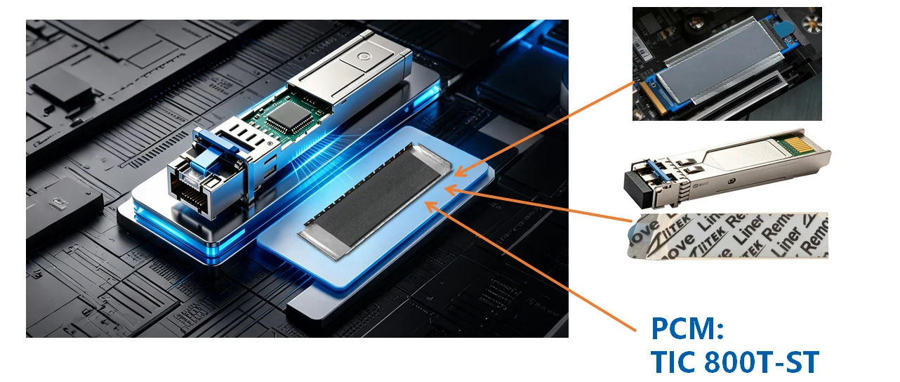 TIC800T-ST PCM-metal composite applied to the optical-module cold-plate interface with insertion-cycle-rated carrier construction