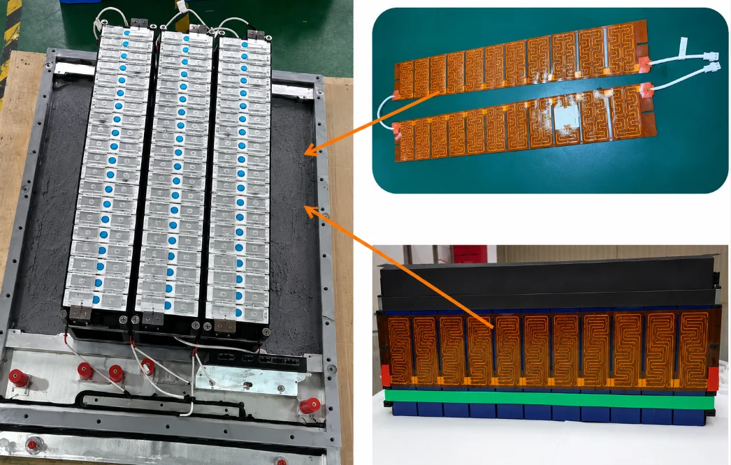 Ultra-thin PI film heaters mounted between battery cells for zoned, uniform heating