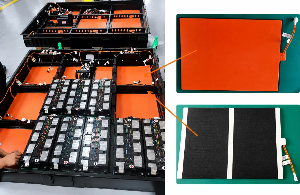 Kheat SP series silicone heater pad installed against the cell group inside an NEV battery pack