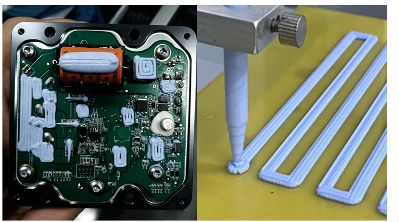 Automated dispensing of TIF thermal gel onto the cold-plate line