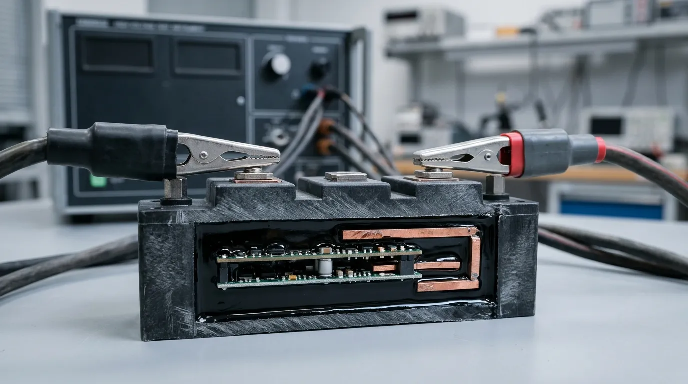 剖面 3D 渲染的灌封電源模組,黑色灌封膠填滿外殼並包住電路板與銅排,兩支高壓測試夾夾在端子柱上,背景為虛化的耐壓測試儀,冷灰金屬質感