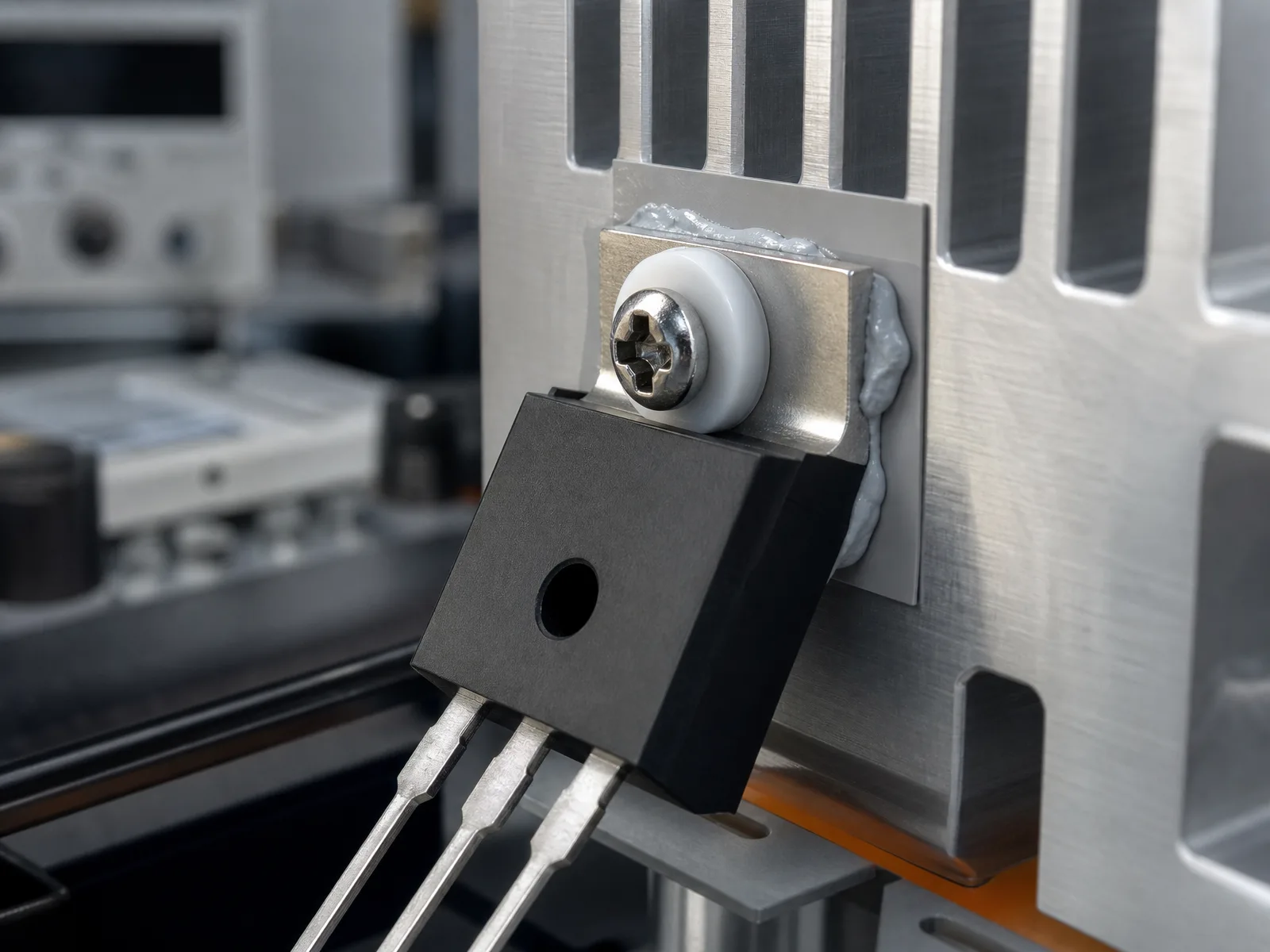 MOSFET 與散熱片的絕緣堆疊特寫渲染:金屬背板元件以螺絲夾持於鰭片散熱片,中間夾著灰色絕緣墊片與絕緣襯套,冷灰金屬質感工業實景