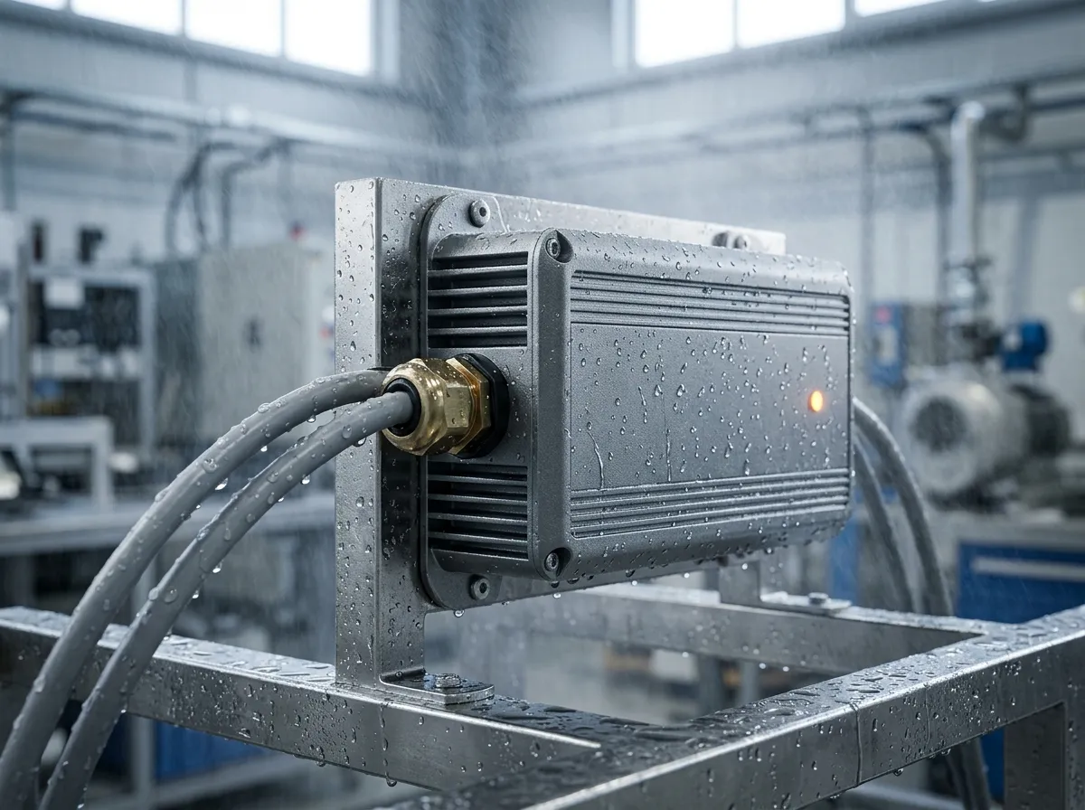 密閉 LED 驅動器在防水測試架上接受噴水,水霧在鋁殼表面形成水珠,冷灰背景、工業實驗室光線